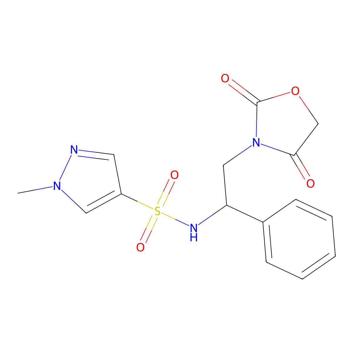 N-(2-(2,4-dioxooxazolidin-3-yl)-1-phenylethyl)-1-methyl-1H-pyrazole-4-sulfonamide molecular structure, CAS 2034565-09-6