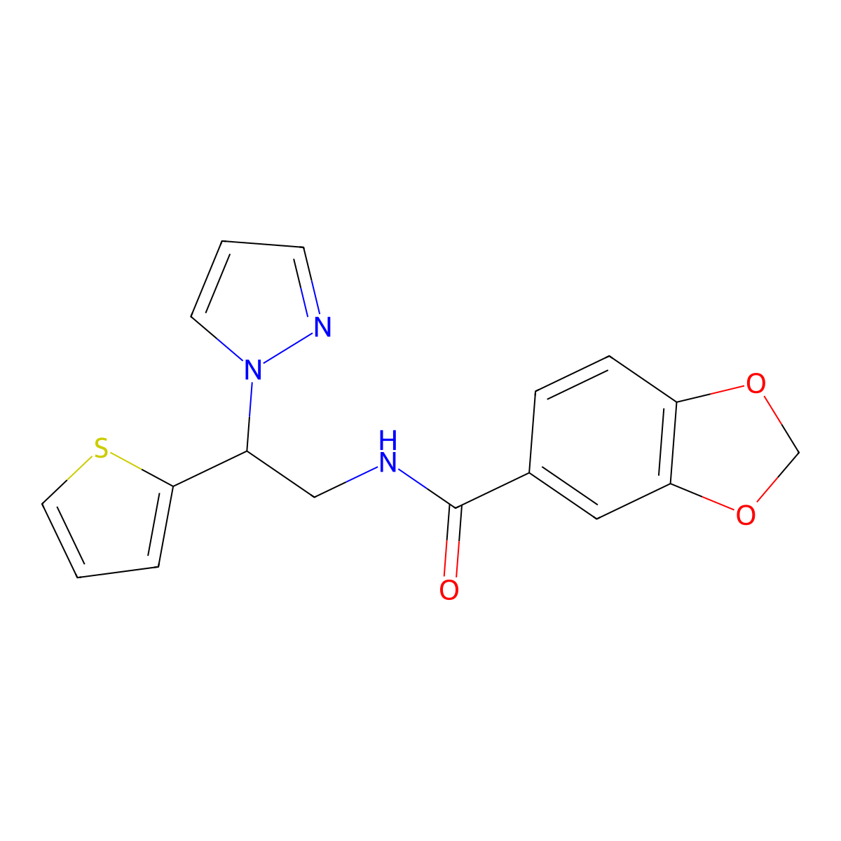 N-(2-(1H-pyrazol-1-yl)-2-(thiophen-2-yl)ethyl)benzo[d][1,3]dioxole-5-carboxamide molecular structure, CAS 2034565-14-3