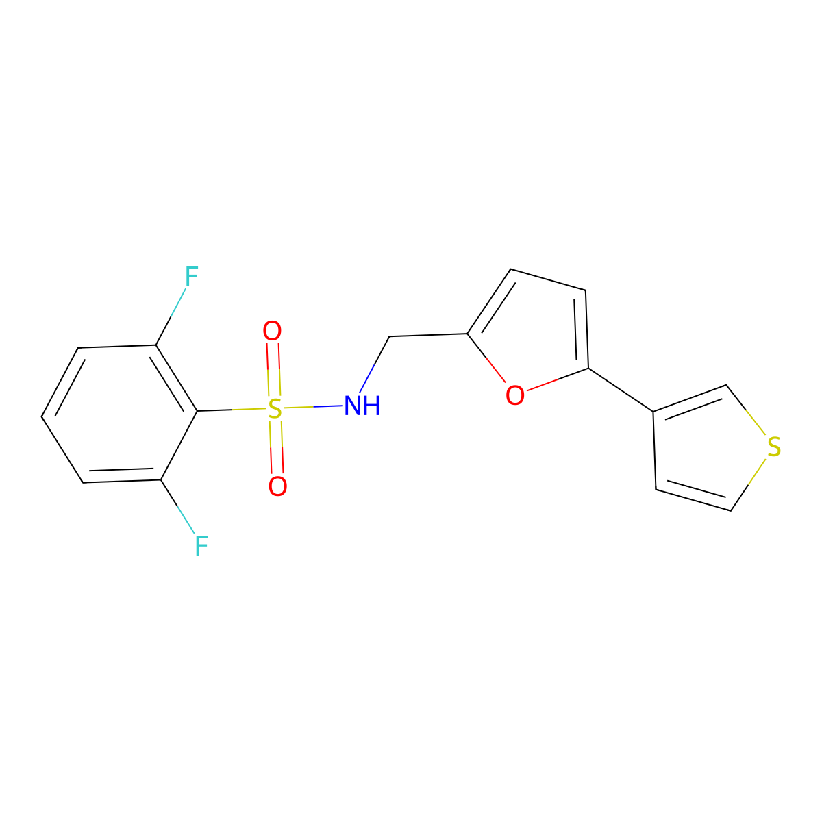2,6-difluoro-N-((5-(thiophen-3-yl)furan-2-yl)methyl)benzenesulfonamide molecular structure, CAS 2034565-18-7