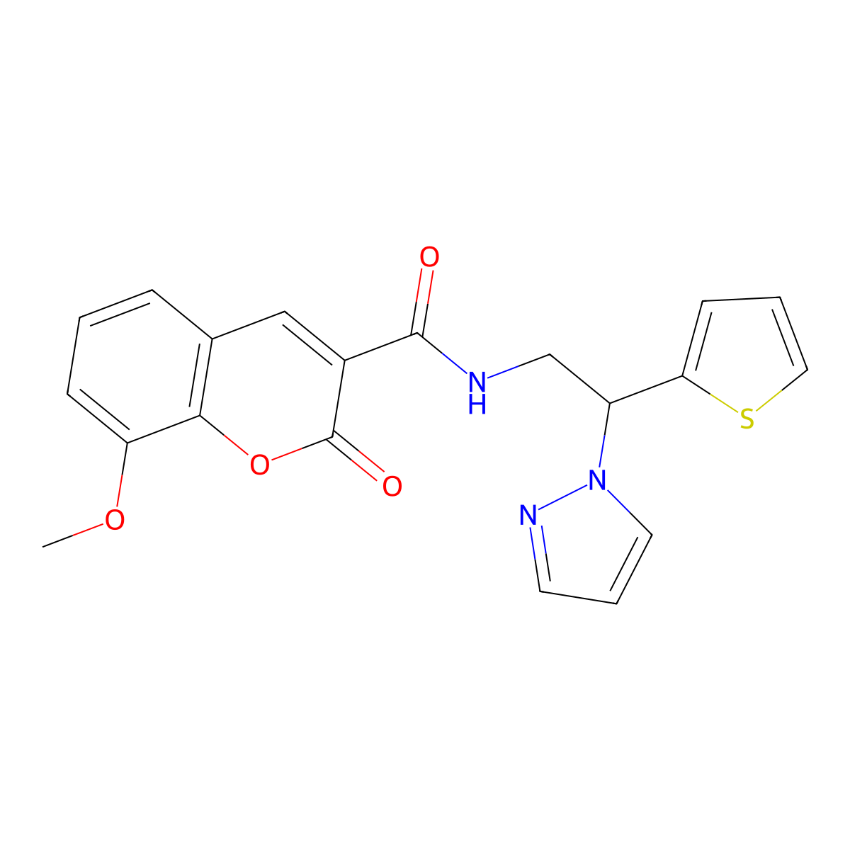 N-(2-(1H-pyrazol-1-yl)-2-(thiophen-2-yl)ethyl)-8-methoxy-2-oxo-2H-chromene-3-carboxamide molecular structure, CAS 2034565-21-2
