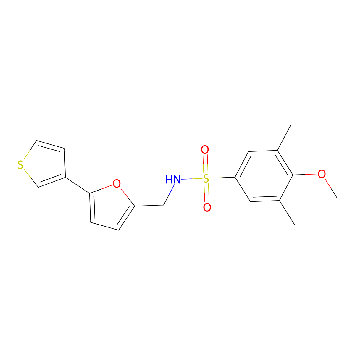 4-methoxy-3,5-dimethyl-N-((5-(thiophen-3-yl)furan-2-yl)methyl)benzenesulfonamide molecular structure, CAS 2034565-27-8