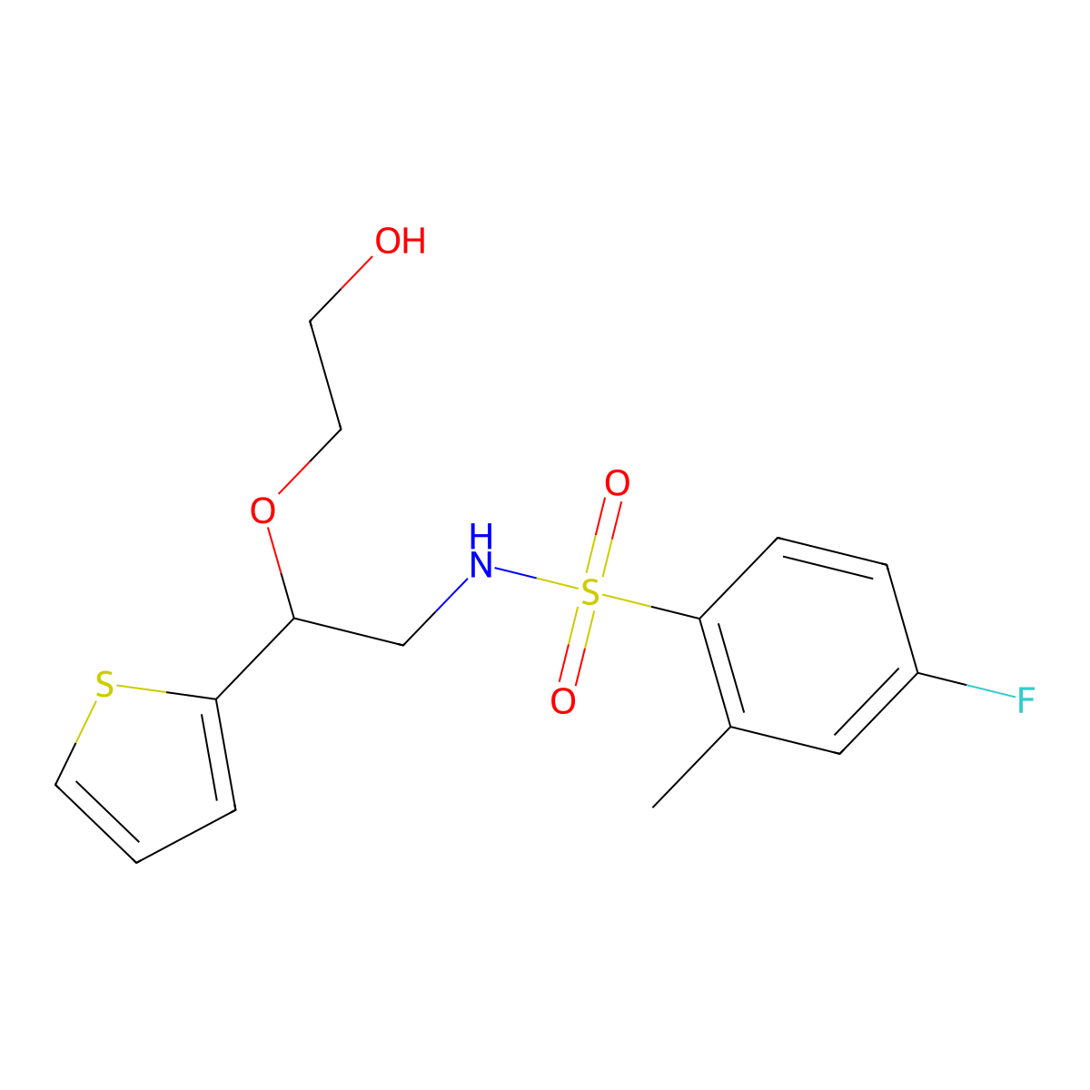 2-[2-(4-Fluoro-2-methylbenzenesulfonamido)-1-(thiophen-2-yl)ethoxy]ethan-1-ol molecular structure, CAS 2034565-33-6