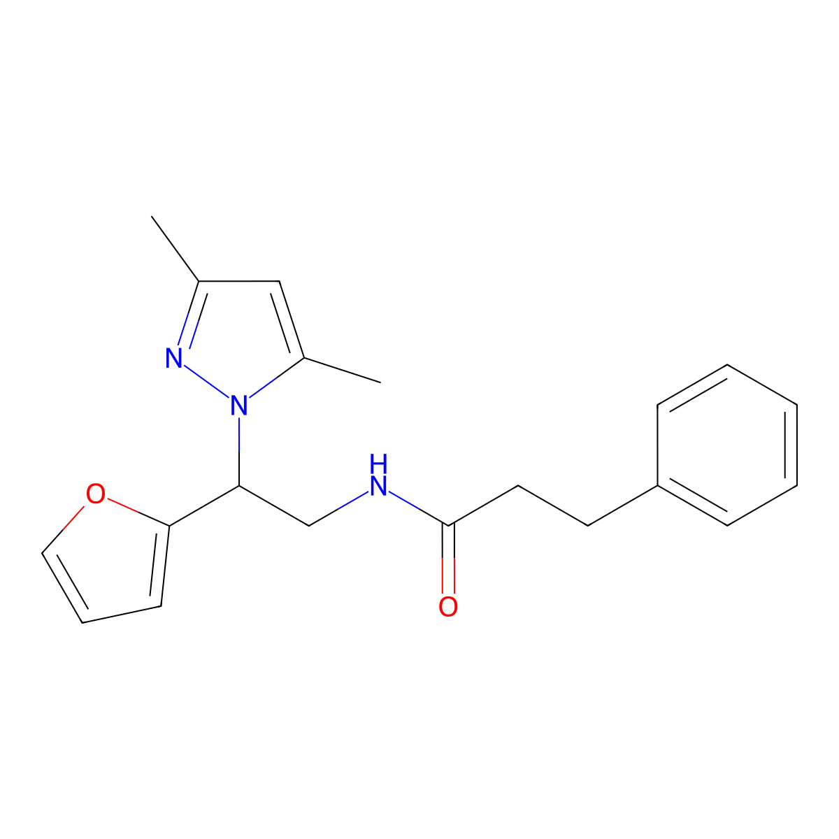 N-(2-(3,5-dimethyl-1H-pyrazol-1-yl)-2-(furan-2-yl)ethyl)-3-phenylpropanamide molecular structure, CAS 2034565-36-9