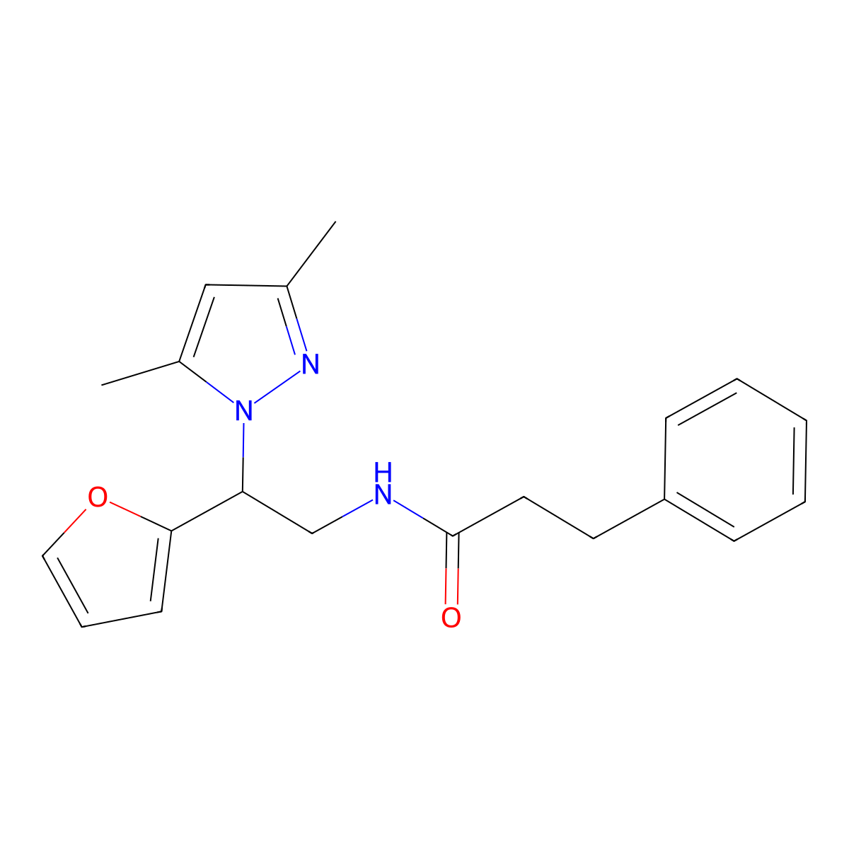 N-(2-(3,5-dimethyl-1H-pyrazol-1-yl)-2-(furan-2-yl)ethyl)-3-phenylpropanamide molecular structure, CAS 2034565-36-9
