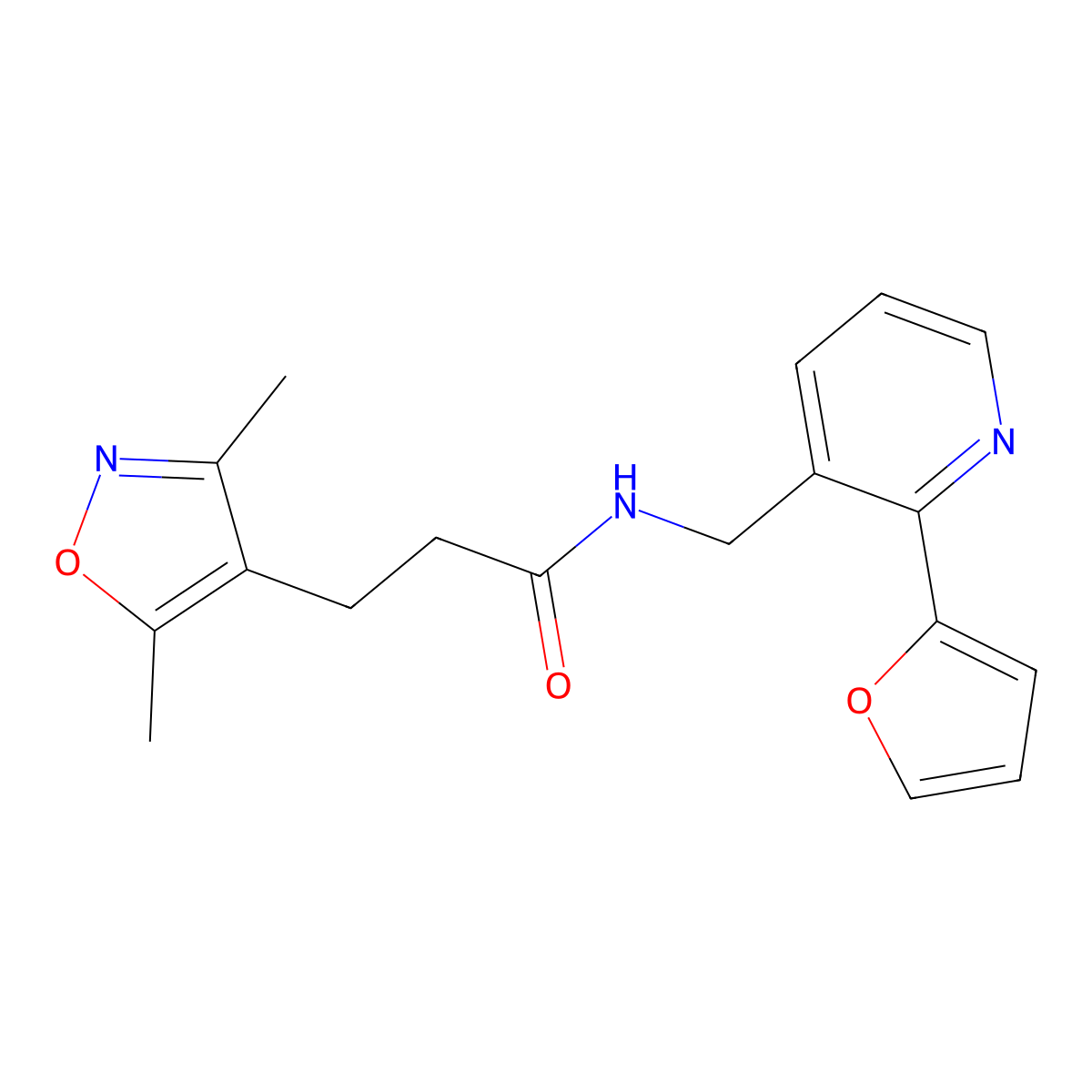 3-(3,5-dimethylisoxazol-4-yl)-N-((2-(furan-2-yl)pyridin-3-yl)methyl)propanamide molecular structure, CAS 2034565-50-7