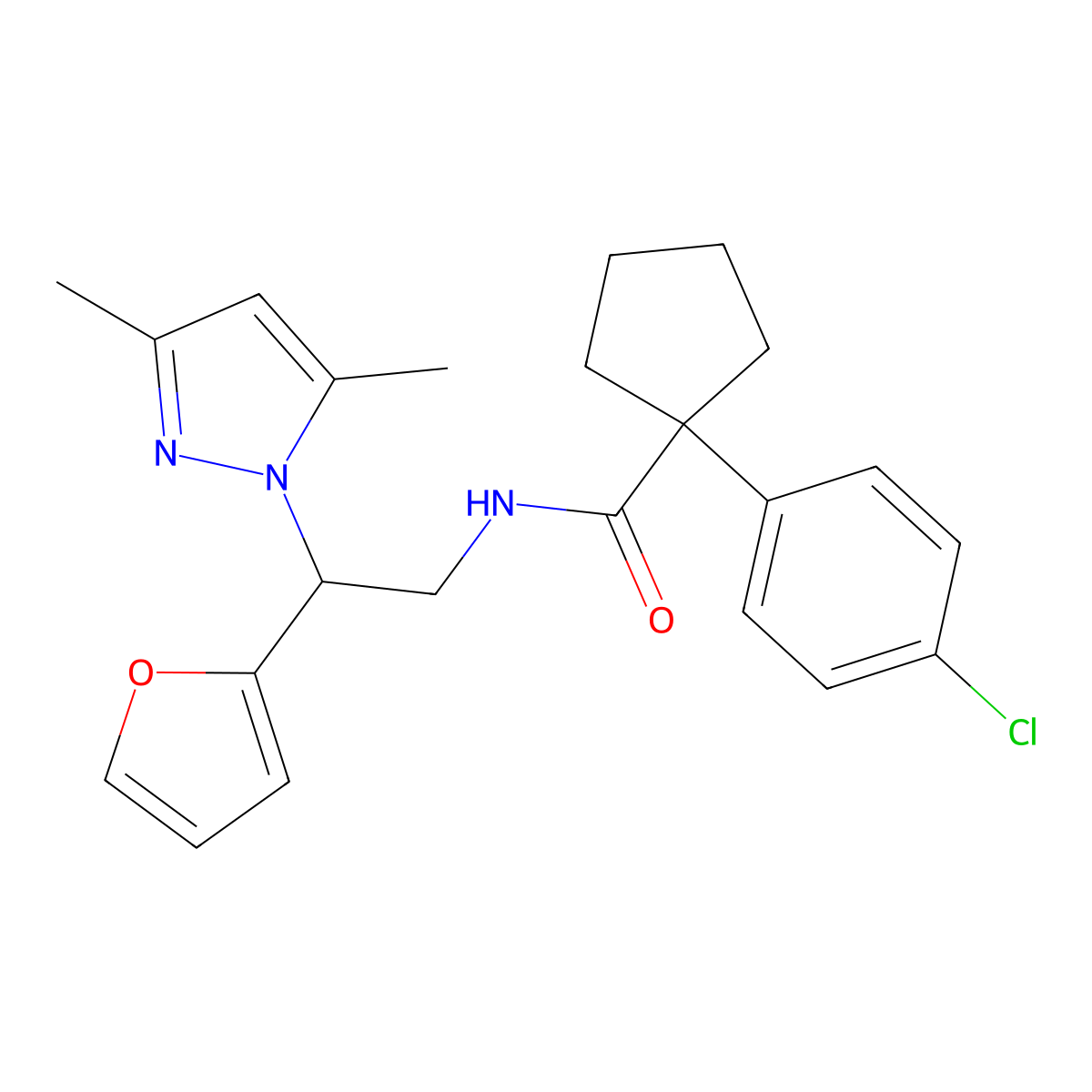 1-(4-chlorophenyl)-N-(2-(3,5-dimethyl-1H-pyrazol-1-yl)-2-(furan-2-yl)ethyl)cyclopentanecarboxamide molecular structure, CAS 2034565-58-5