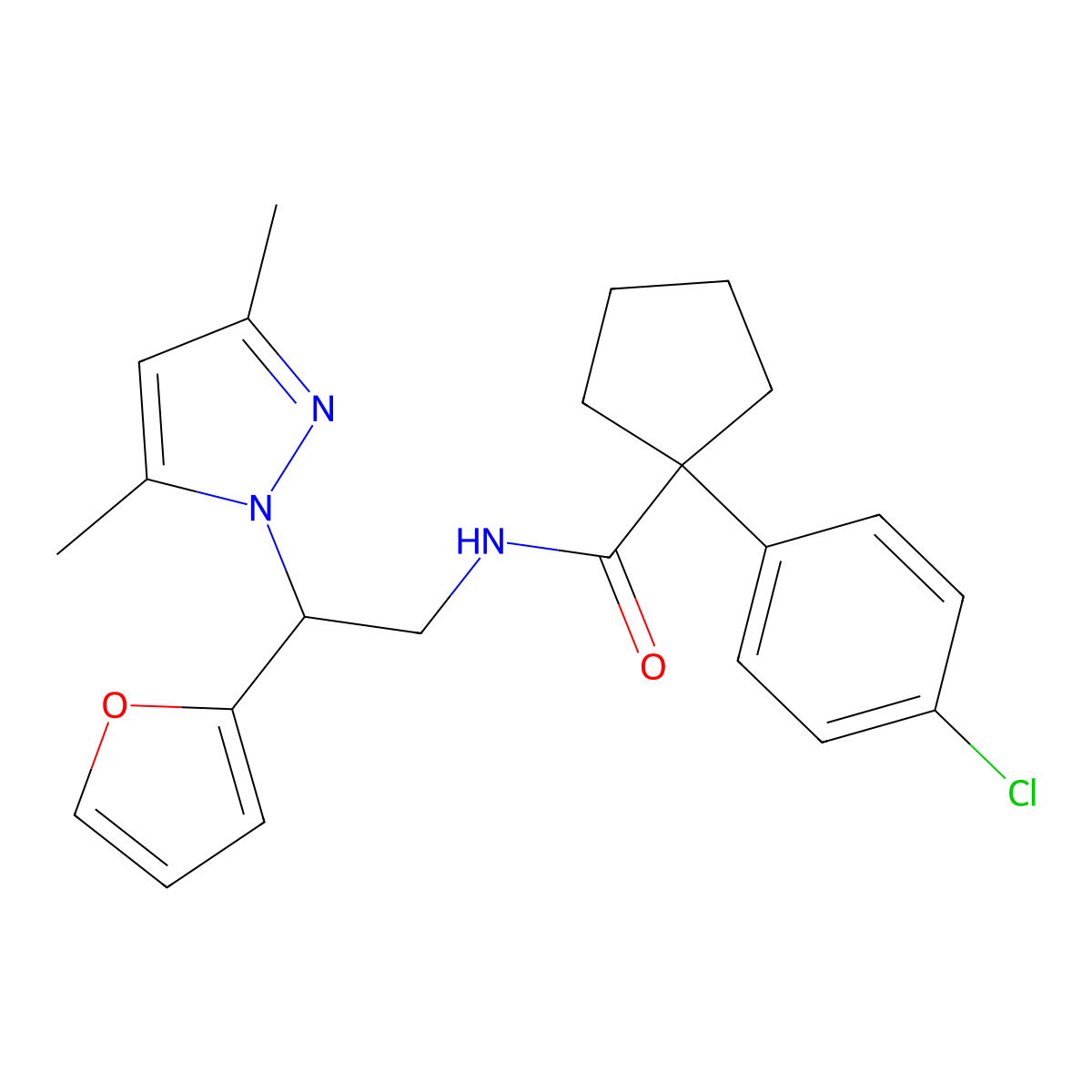 1-(4-chlorophenyl)-N-(2-(3,5-dimethyl-1H-pyrazol-1-yl)-2-(furan-2-yl)ethyl)cyclopentanecarboxamide molecular structure, CAS 2034565-58-5