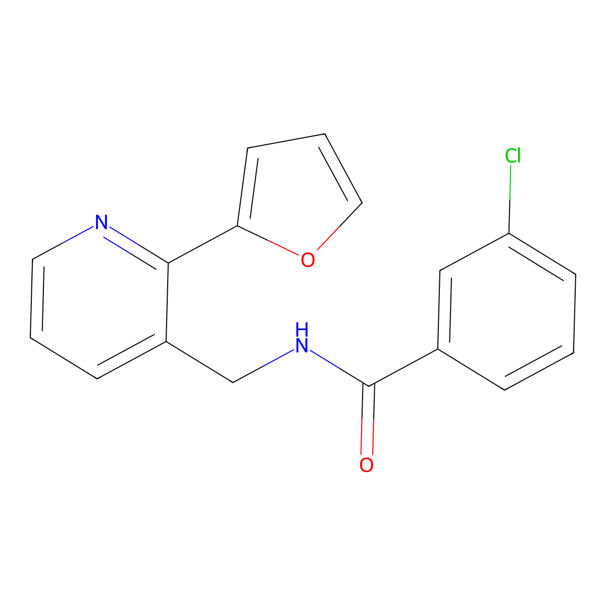3-chloro-N-((2-(furan-2-yl)pyridin-3-yl)methyl)benzamide molecular structure, CAS 2034565-61-0