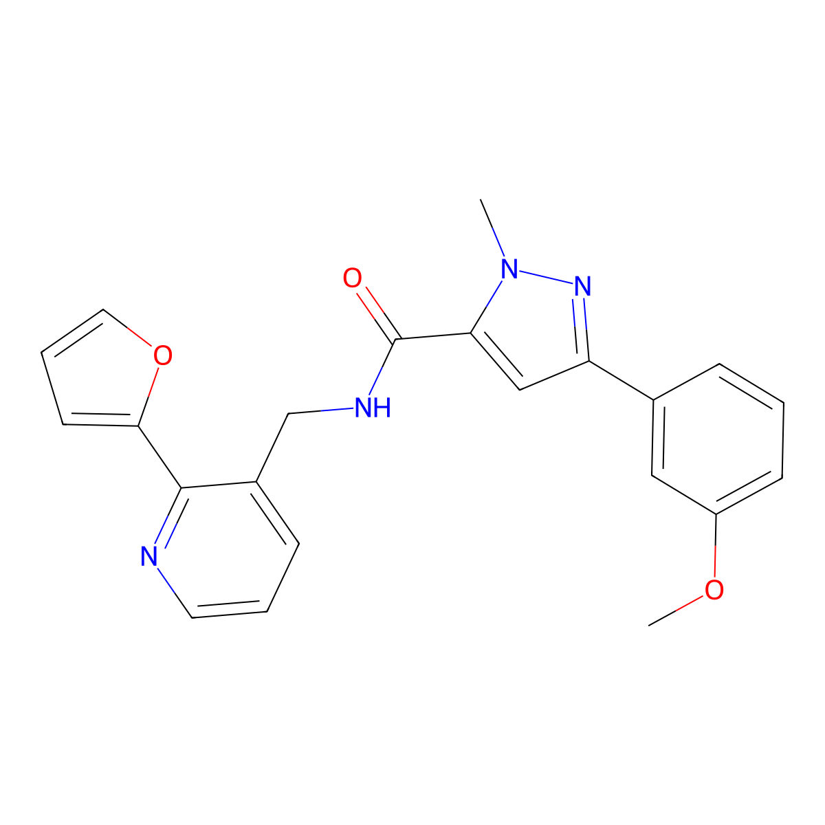 N-{[2-(furan-2-yl)pyridin-3-yl]methyl}-3-(3-methoxyphenyl)-1-methyl-1H-pyrazole-5-carboxamide molecular structure, CAS 2034565-70-1