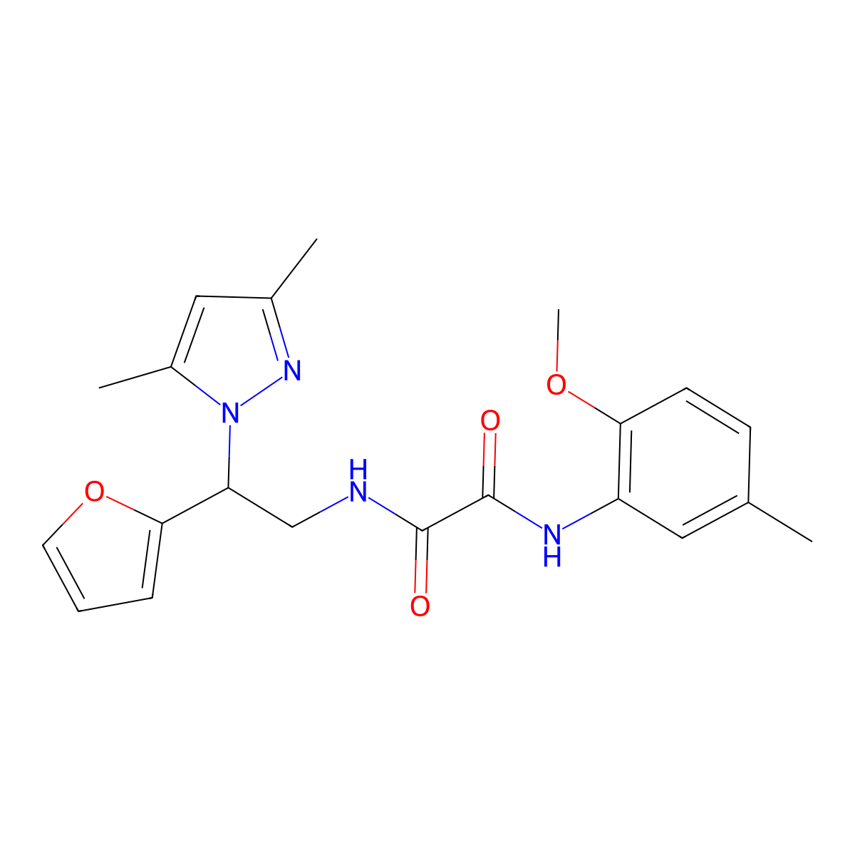N1-(2-(3,5-dimethyl-1H-pyrazol-1-yl)-2-(furan-2-yl)ethyl)-N2-(2-methoxy-5-methylphenyl)oxalamide molecular structure, CAS 2034565-74-5