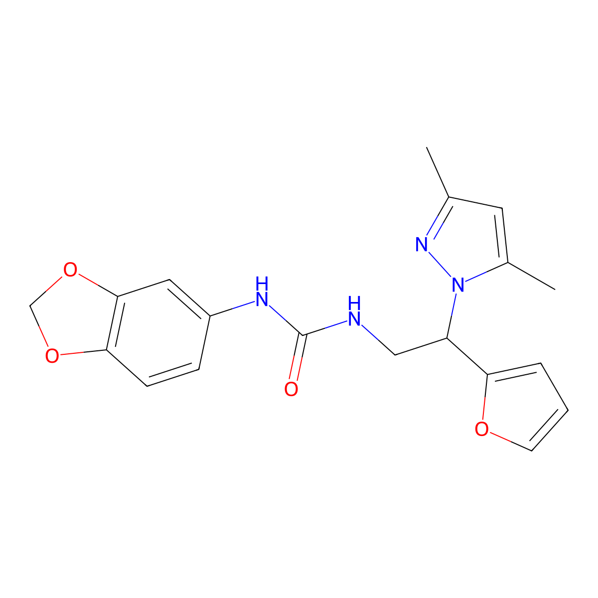 1-(benzo[d][1,3]dioxol-5-yl)-3-(2-(3,5-dimethyl-1H-pyrazol-1-yl)-2-(furan-2-yl)ethyl)urea molecular structure, CAS 2034565-94-9