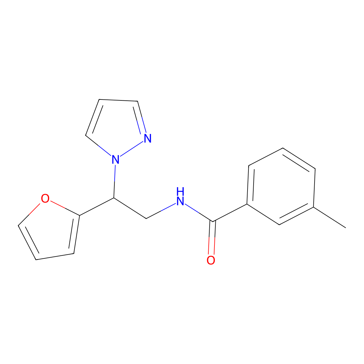 N-[2-(furan-2-yl)-2-(1H-pyrazol-1-yl)ethyl]-3-methylbenzamide molecular structure, CAS 2034566-11-3