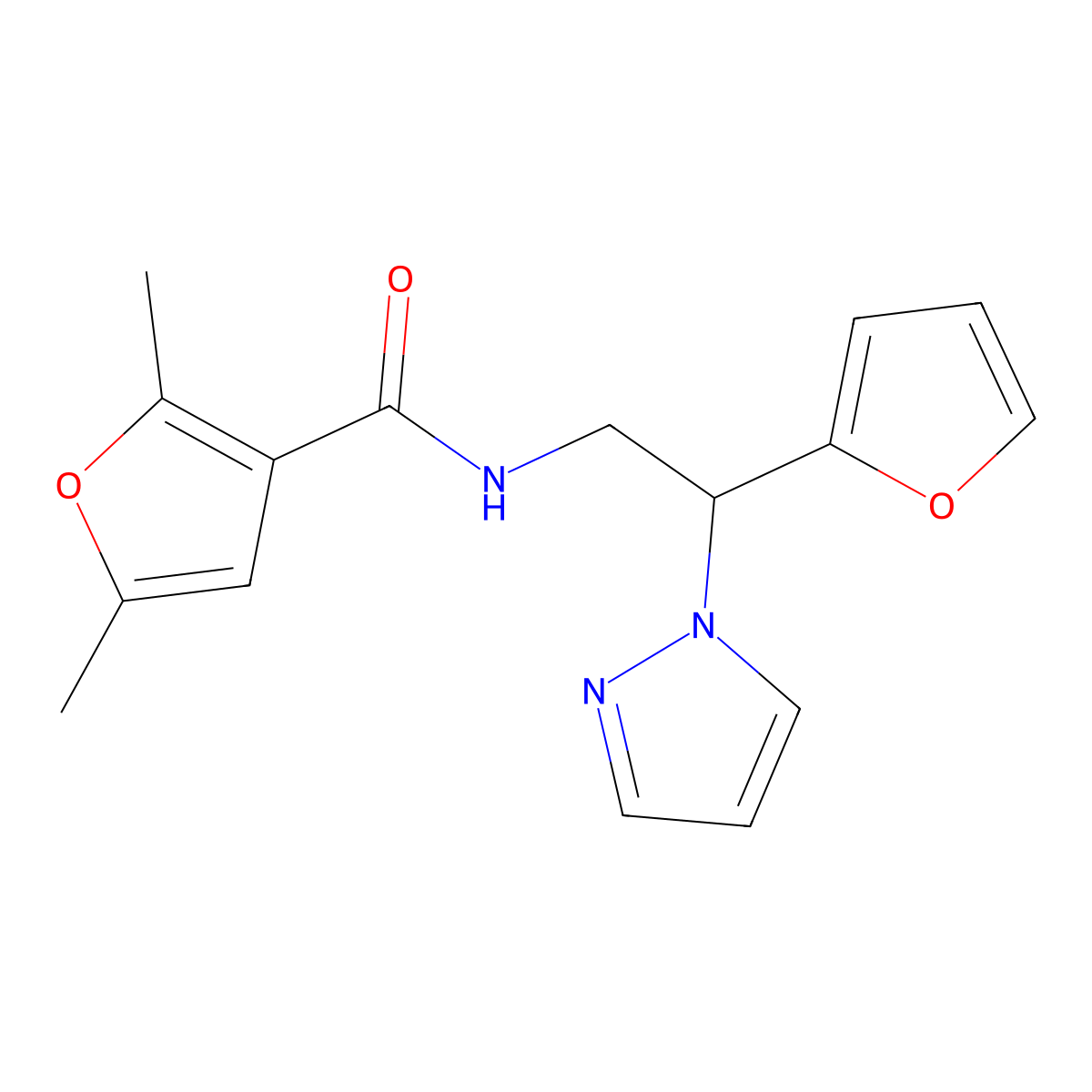 N-(2-(furan-2-yl)-2-(1H-pyrazol-1-yl)ethyl)-2,5-dimethylfuran-3-carboxamide molecular structure, CAS 2034566-16-8