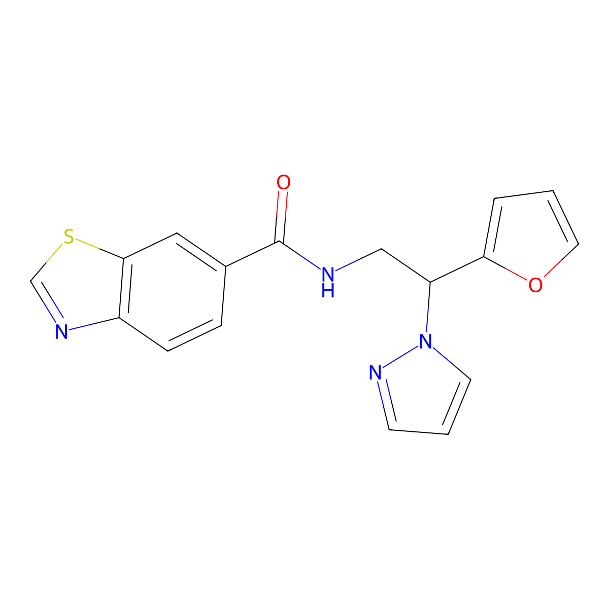 N-(2-(furan-2-yl)-2-(1H-pyrazol-1-yl)ethyl)benzo[d]thiazole-6-carboxamide molecular structure, CAS 2034566-30-6