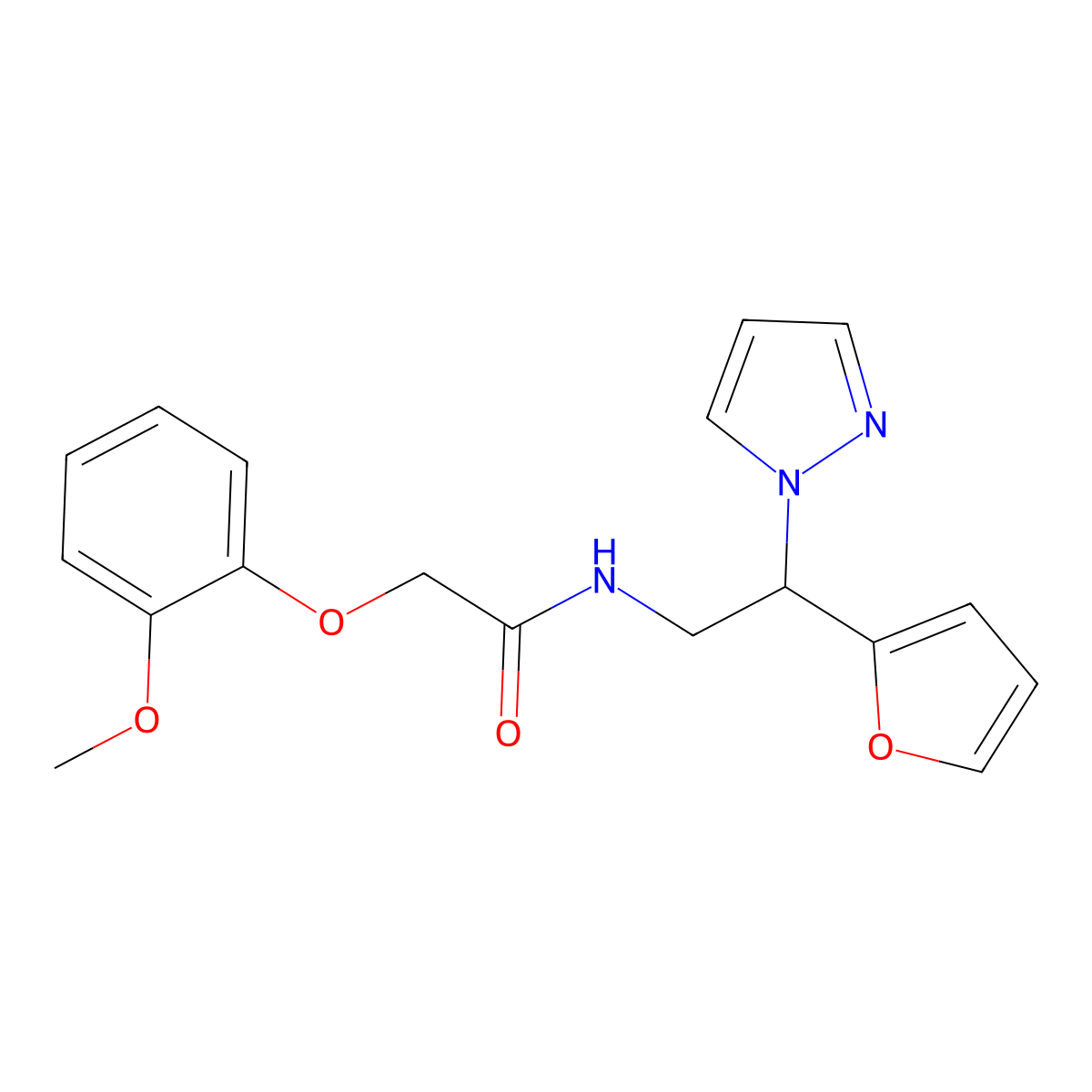 N-(2-(furan-2-yl)-2-(1H-pyrazol-1-yl)ethyl)-2-(2-methoxyphenoxy)acetamide molecular structure, CAS 2034566-43-1