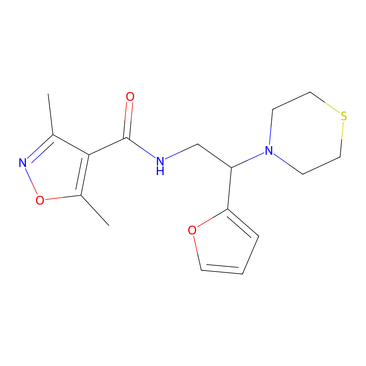 N-(2-(furan-2-yl)-2-thiomorpholinoethyl)-3,5-dimethylisoxazole-4-carboxamide molecular structure, CAS 2034566-56-6