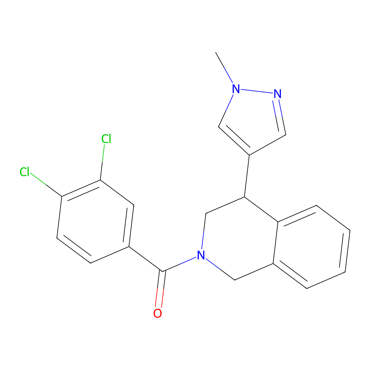2-(3,4-dichlorobenzoyl)-4-(1-methyl-1H-pyrazol-4-yl)-1,2,3,4-tetrahydroisoquinoline molecular structure, CAS 2034566-57-7