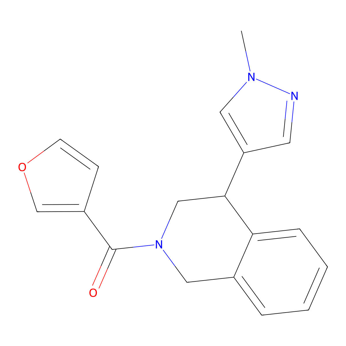 2-(furan-3-carbonyl)-4-(1-methyl-1H-pyrazol-4-yl)-1,2,3,4-tetrahydroisoquinoline molecular structure, CAS 2034566-60-2