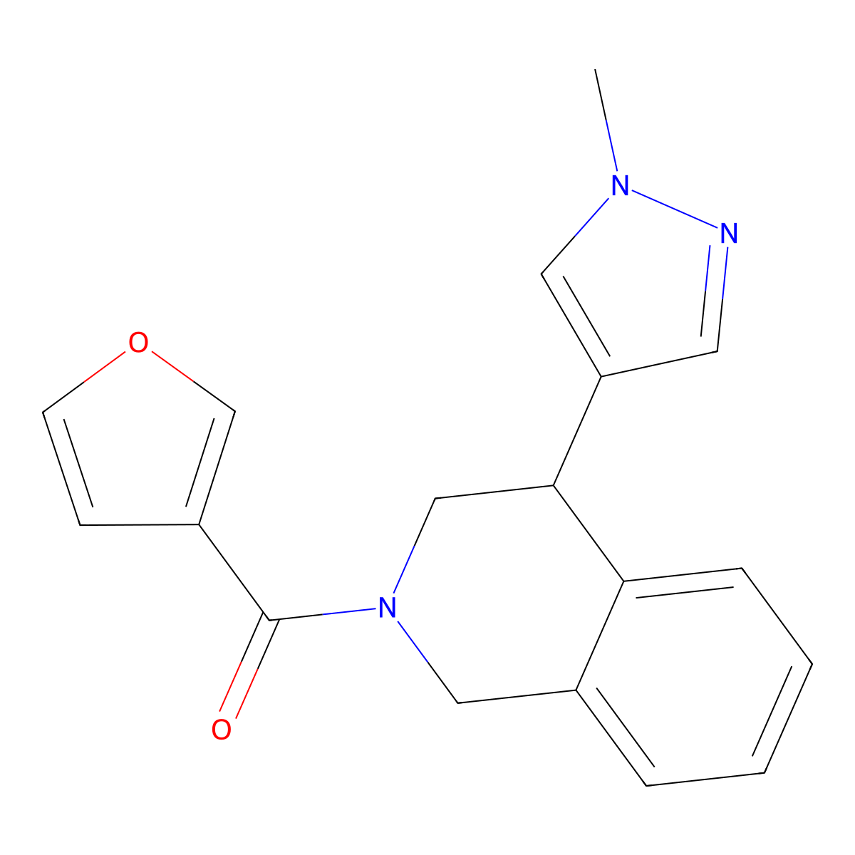 2-(furan-3-carbonyl)-4-(1-methyl-1H-pyrazol-4-yl)-1,2,3,4-tetrahydroisoquinoline molecular structure, CAS 2034566-60-2