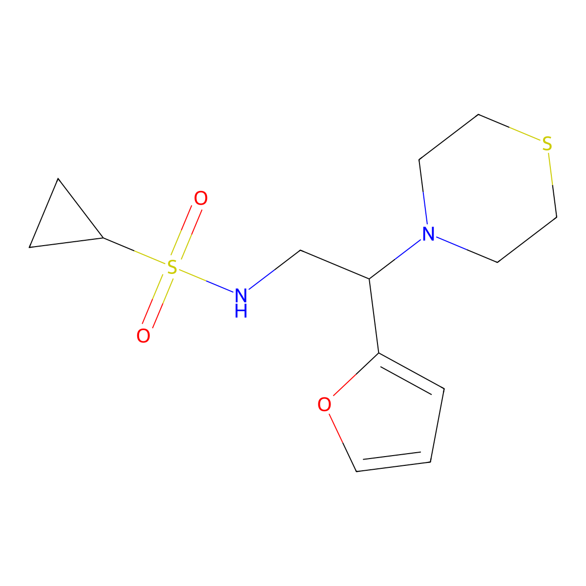 N-(2-(furan-2-yl)-2-thiomorpholinoethyl)cyclopropanesulfonamide molecular structure, CAS 2034566-61-3