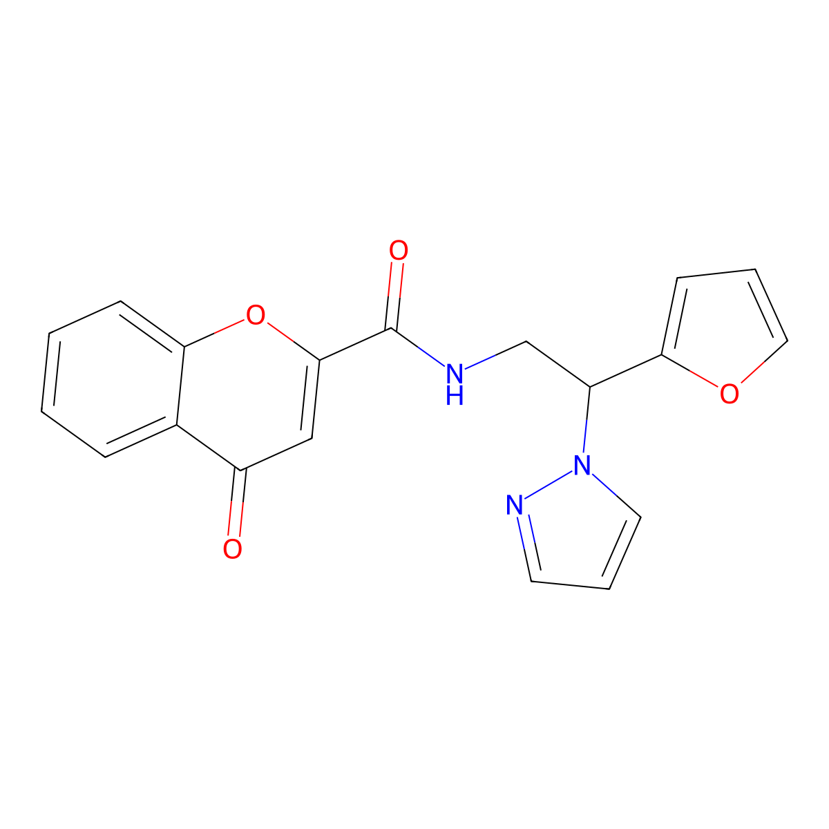 N-[2-(furan-2-yl)-2-(1H-pyrazol-1-yl)ethyl]-4-oxo-4H-chromene-2-carboxamide molecular structure, CAS 2034566-62-4