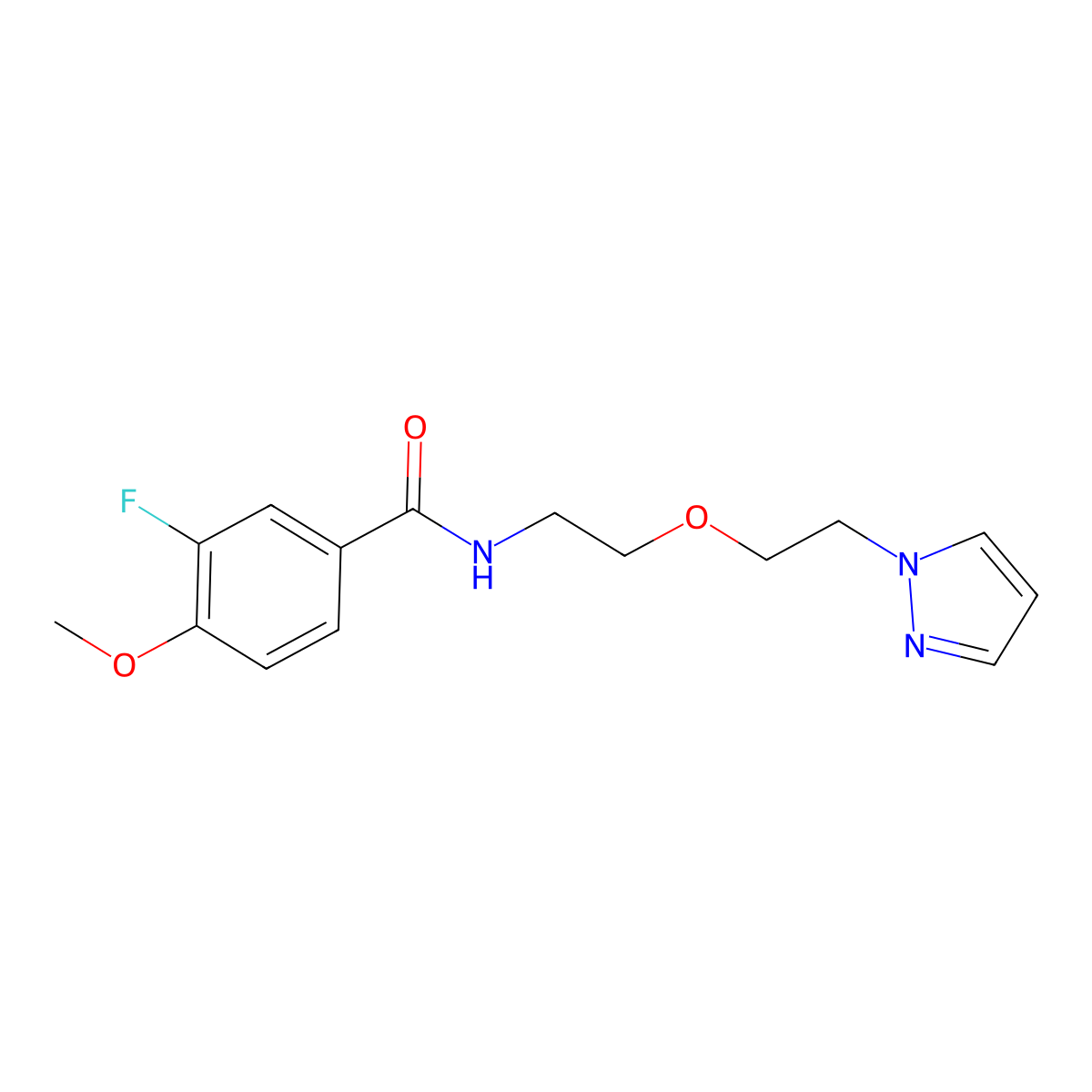 N-(2-(2-(1H-pyrazol-1-yl)ethoxy)ethyl)-3-fluoro-4-methoxybenzamide molecular structure, CAS 2034566-71-5