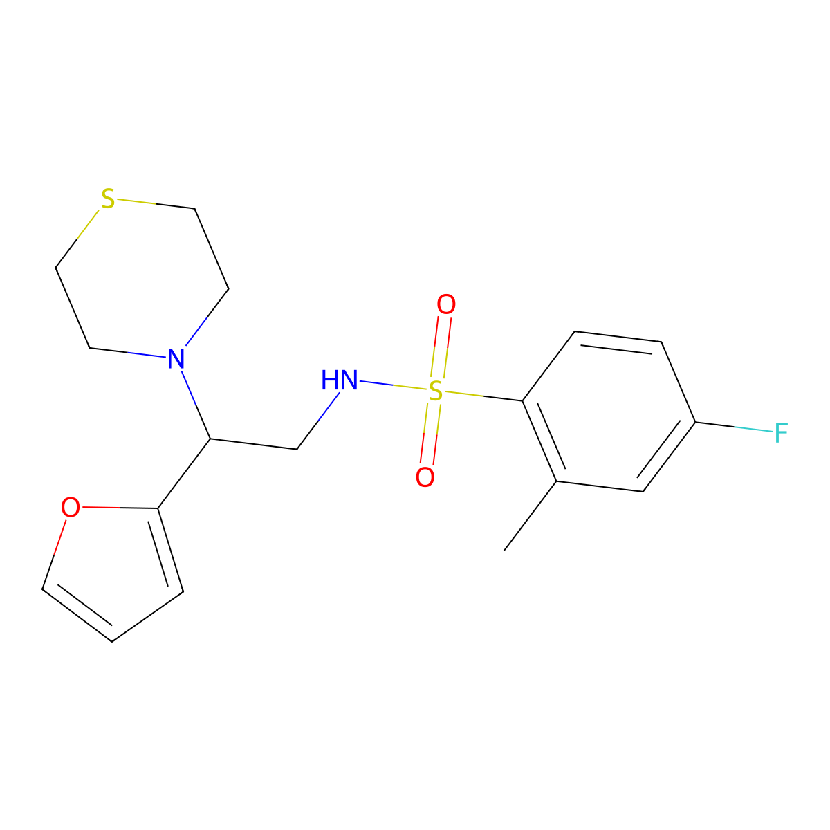 4-fluoro-N-(2-(furan-2-yl)-2-thiomorpholinoethyl)-2-methylbenzenesulfonamide molecular structure, CAS 2034566-72-6