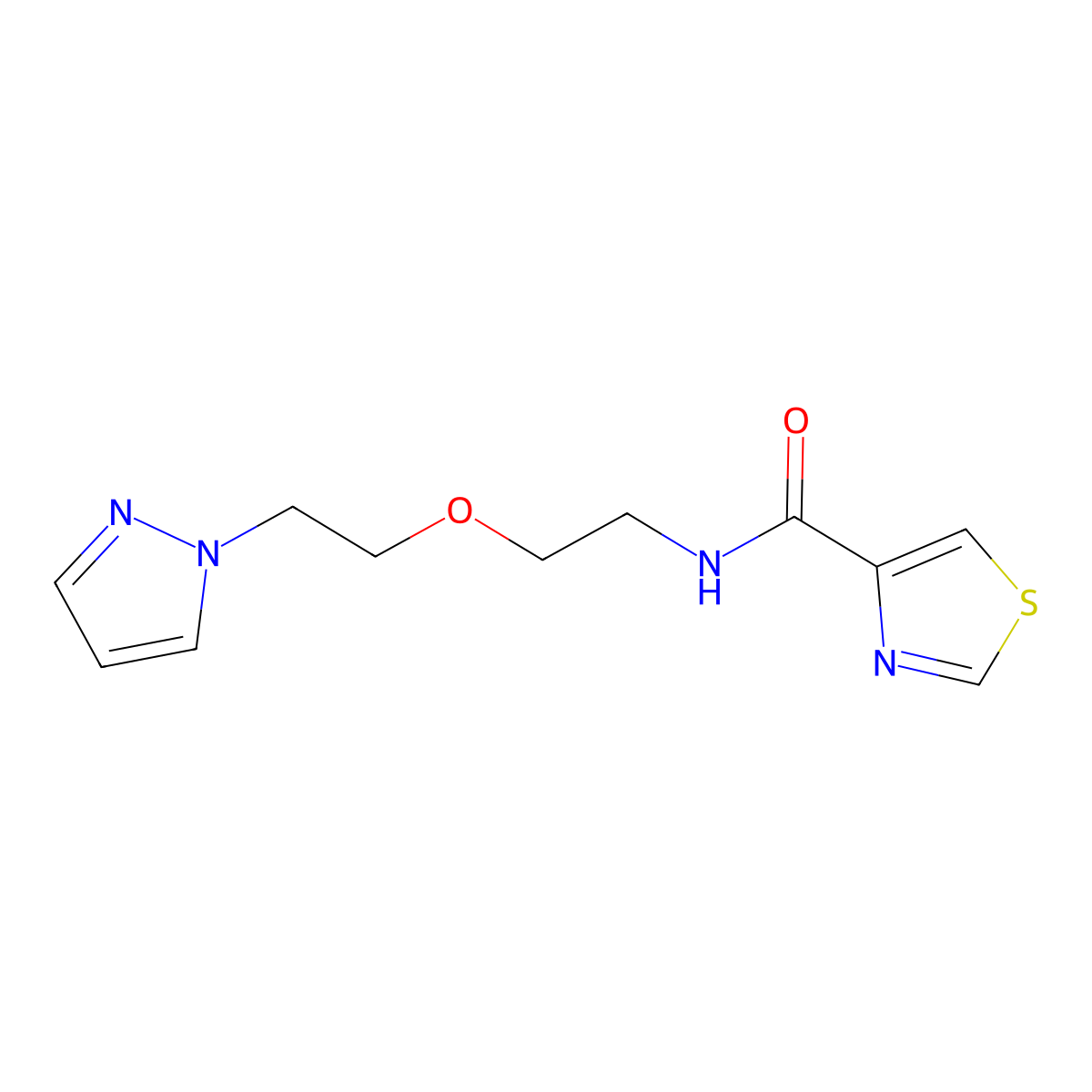 N-(2-(2-(1H-pyrazol-1-yl)ethoxy)ethyl)thiazole-4-carboxamide molecular structure, CAS 2034566-78-2