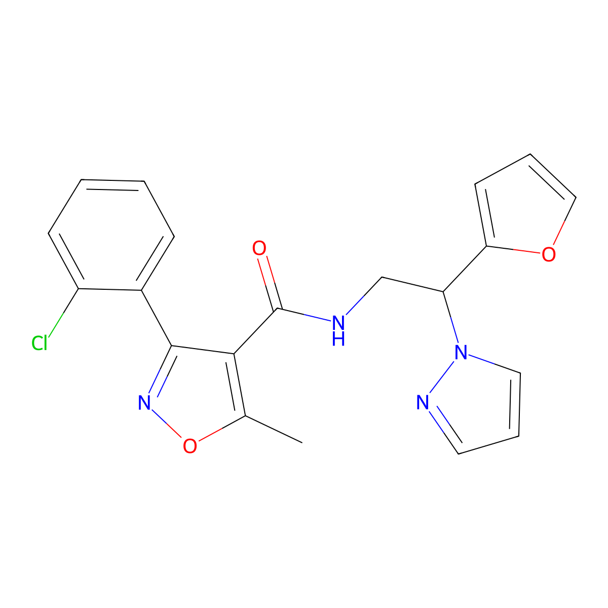 3-(2-chlorophenyl)-N-(2-(furan-2-yl)-2-(1H-pyrazol-1-yl)ethyl)-5-methylisoxazole-4-carboxamide molecular structure, CAS 2034566-79-3