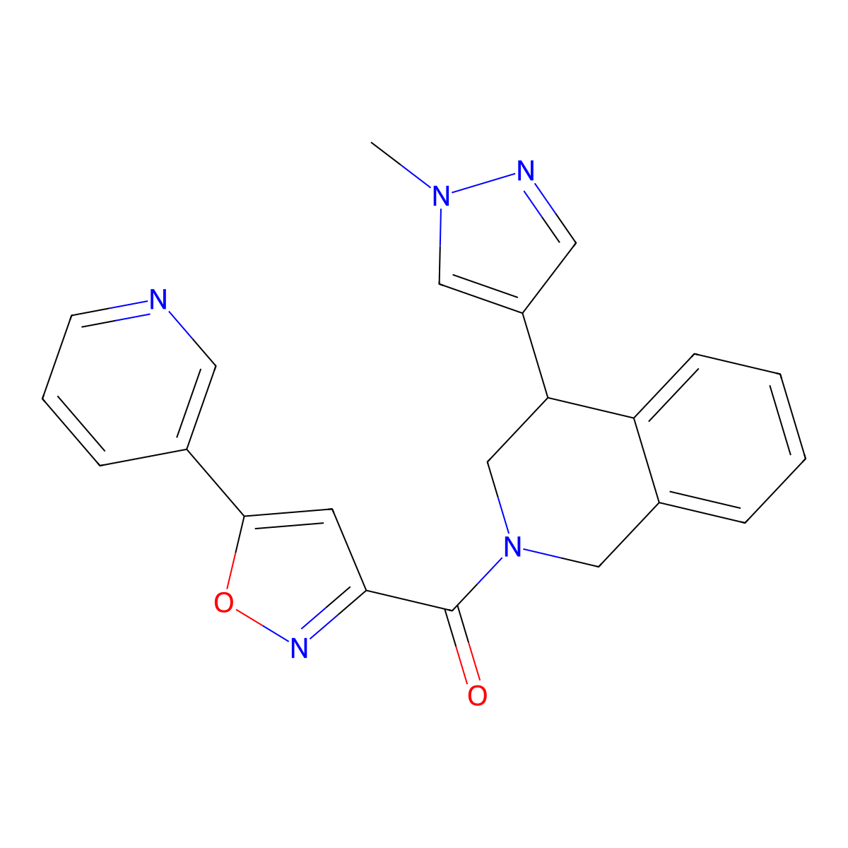 (4-(1-methyl-1H-pyrazol-4-yl)-3,4-dihydroisoquinolin-2(1H)-yl)(5-(pyridin-3-yl)isoxazol-3-yl)methanone molecular structure, CAS 2034566-80-6