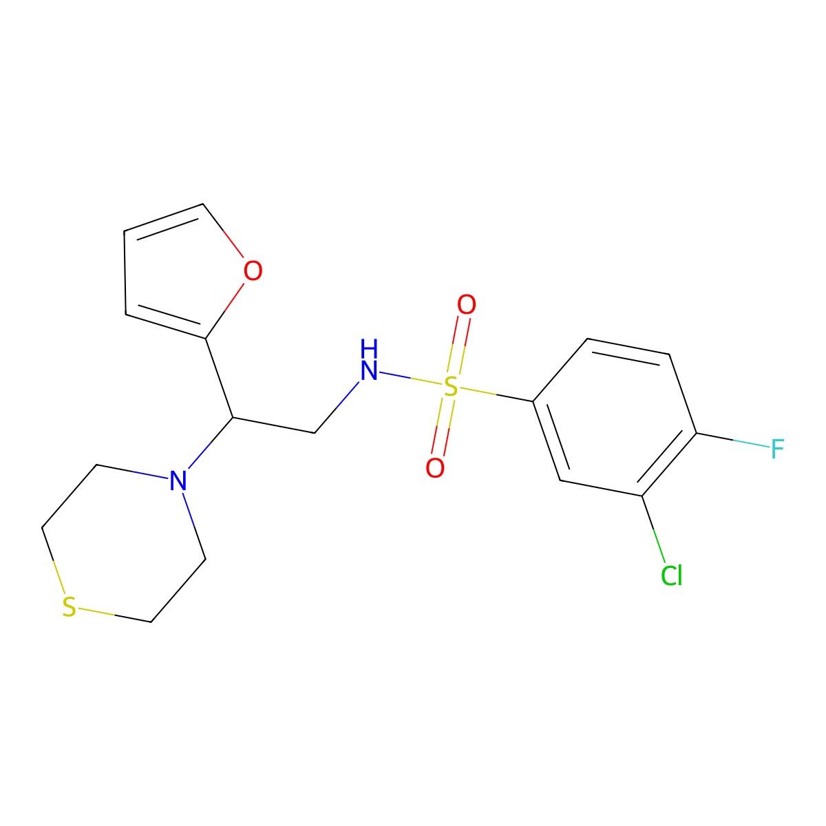3-chloro-4-fluoro-N-(2-(furan-2-yl)-2-thiomorpholinoethyl)benzenesulfonamide molecular structure, CAS 2034566-82-8