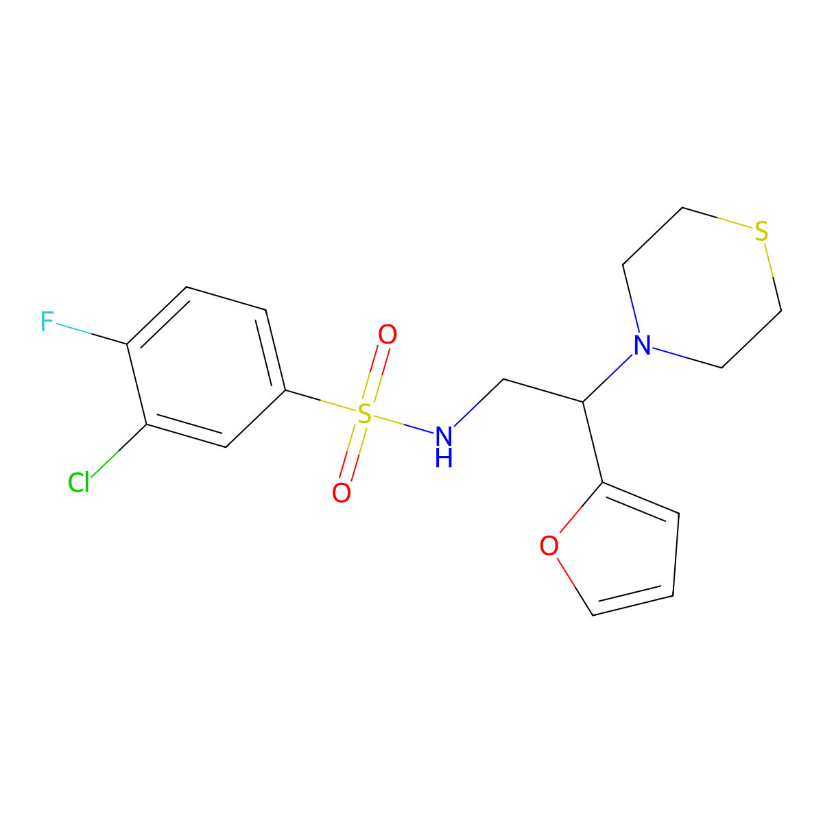 3-chloro-4-fluoro-N-(2-(furan-2-yl)-2-thiomorpholinoethyl)benzenesulfonamide molecular structure, CAS 2034566-82-8