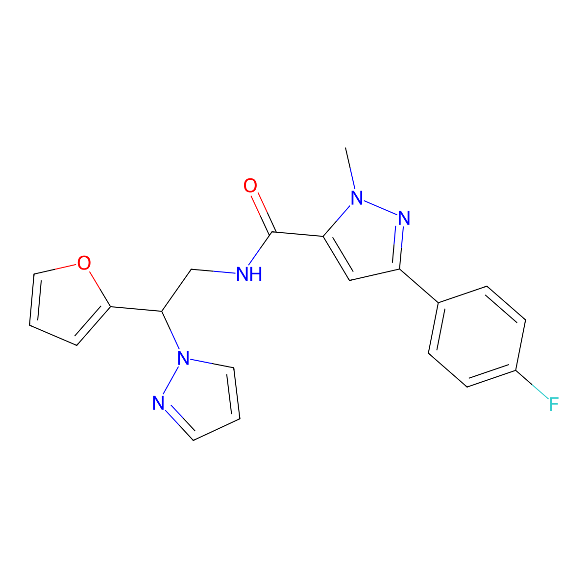 3-(4-fluorophenyl)-N-(2-(furan-2-yl)-2-(1H-pyrazol-1-yl)ethyl)-1-methyl-1H-pyrazole-5-carboxamide molecular structure, CAS 2034566-85-1