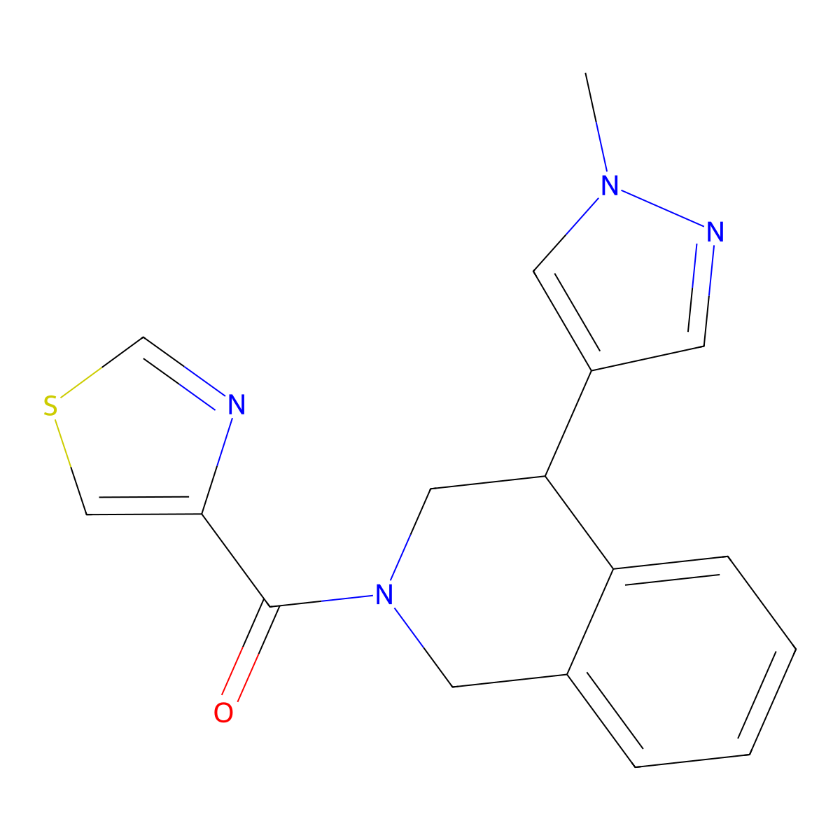 (4-(1-methyl-1H-pyrazol-4-yl)-3,4-dihydroisoquinolin-2(1H)-yl)(thiazol-4-yl)methanone molecular structure, CAS 2034566-86-2