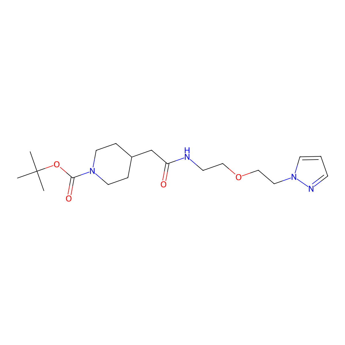 tert-butyl 4-(2-((2-(2-(1H-pyrazol-1-yl)ethoxy)ethyl)amino)-2-oxoethyl)piperidine-1-carboxylate molecular structure, CAS 2034566-90-8