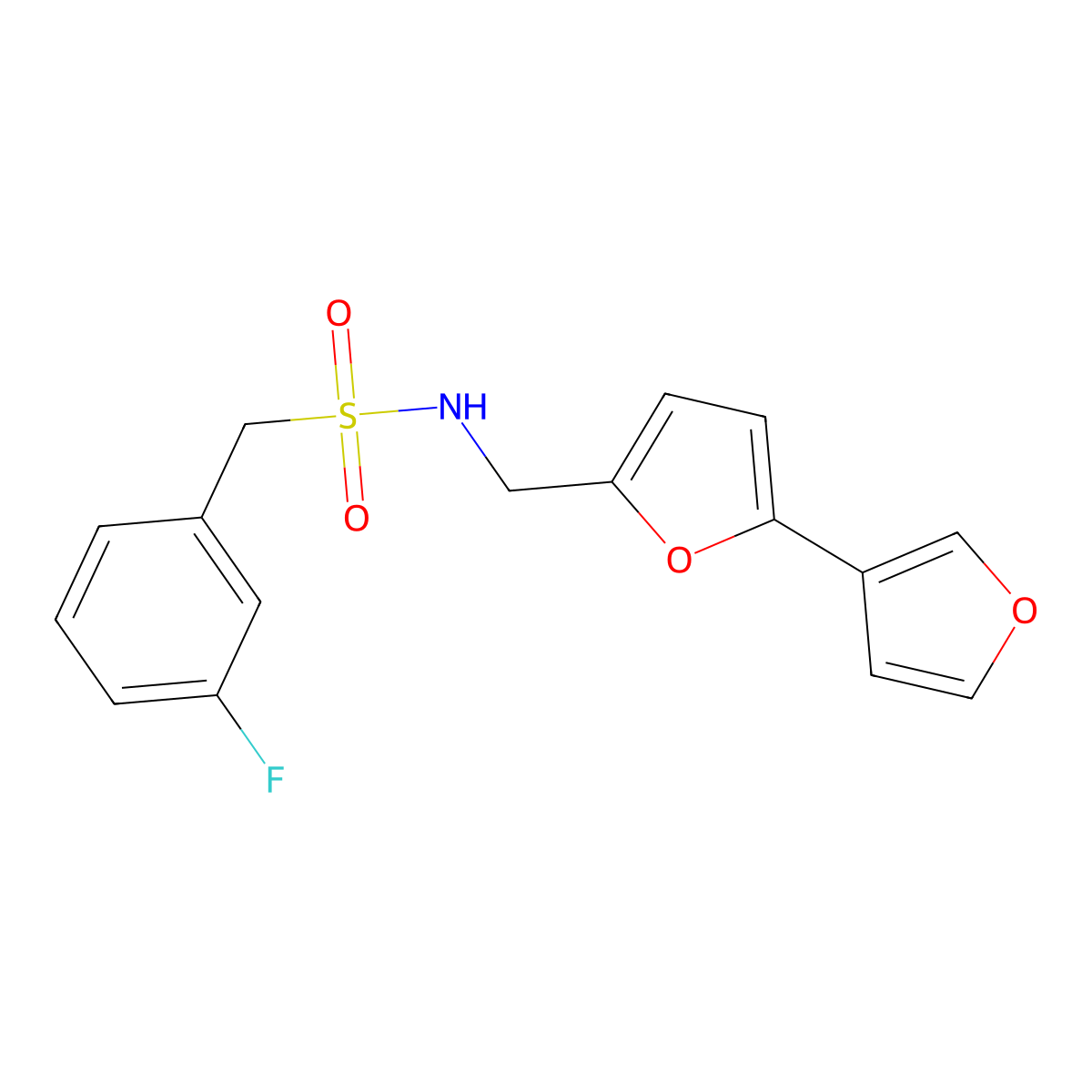 N-([2,3'-bifuran]-5-ylmethyl)-1-(3-fluorophenyl)methanesulfonamide molecular structure, CAS 2034566-92-0