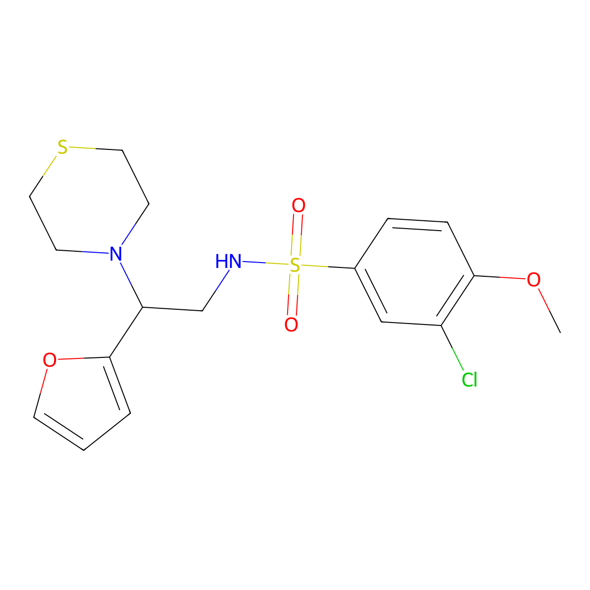 3-chloro-N-(2-(furan-2-yl)-2-thiomorpholinoethyl)-4-methoxybenzenesulfonamide molecular structure, CAS 2034566-98-6