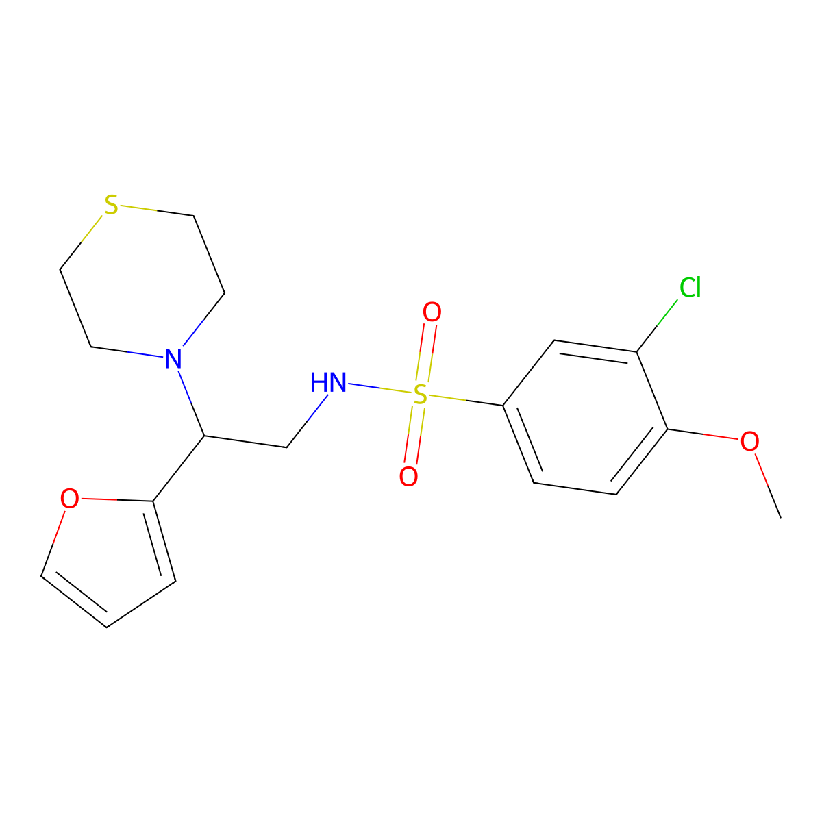 3-chloro-N-(2-(furan-2-yl)-2-thiomorpholinoethyl)-4-methoxybenzenesulfonamide molecular structure, CAS 2034566-98-6