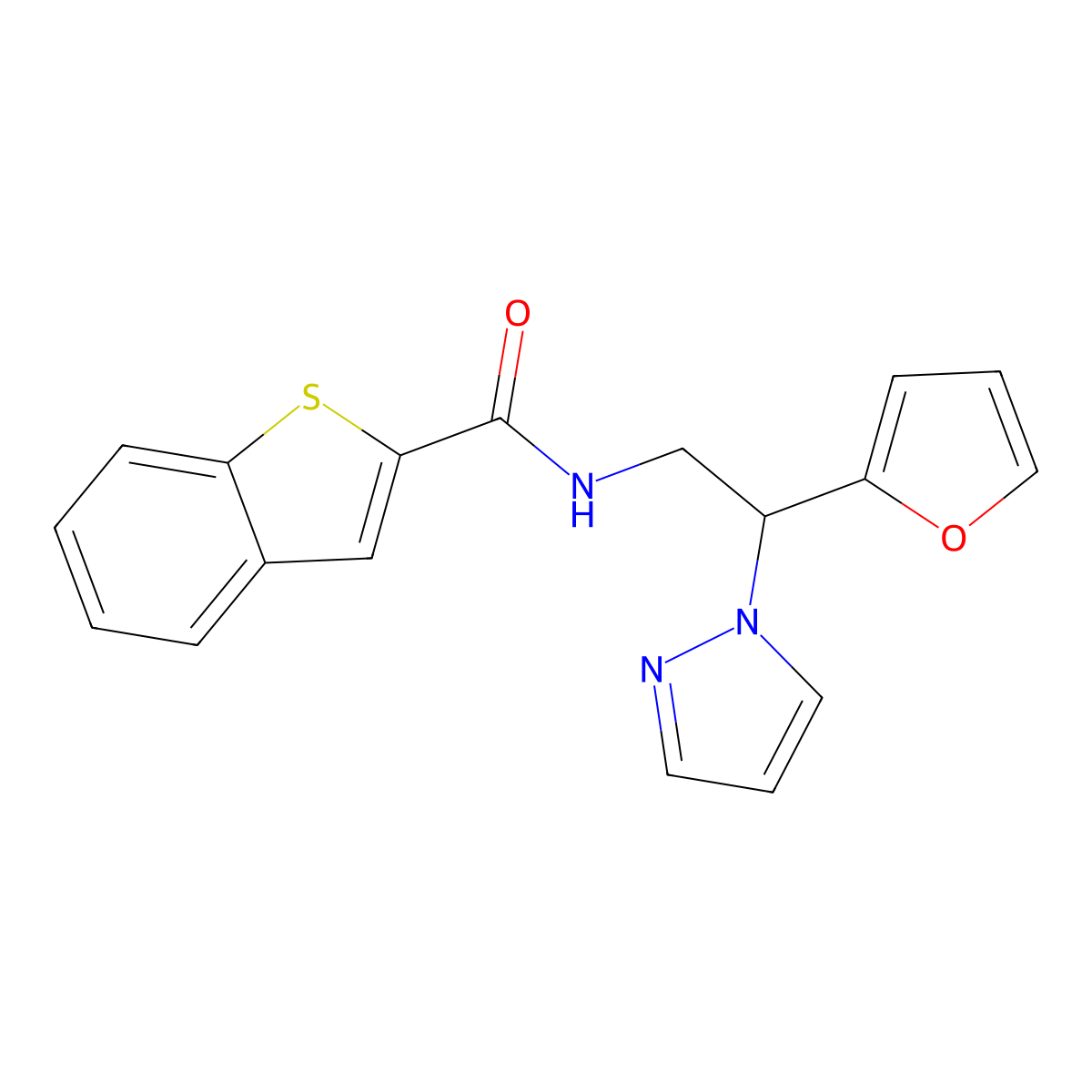 N-(2-(furan-2-yl)-2-(1H-pyrazol-1-yl)ethyl)benzo[b]thiophene-2-carboxamide molecular structure, CAS 2034567-00-3