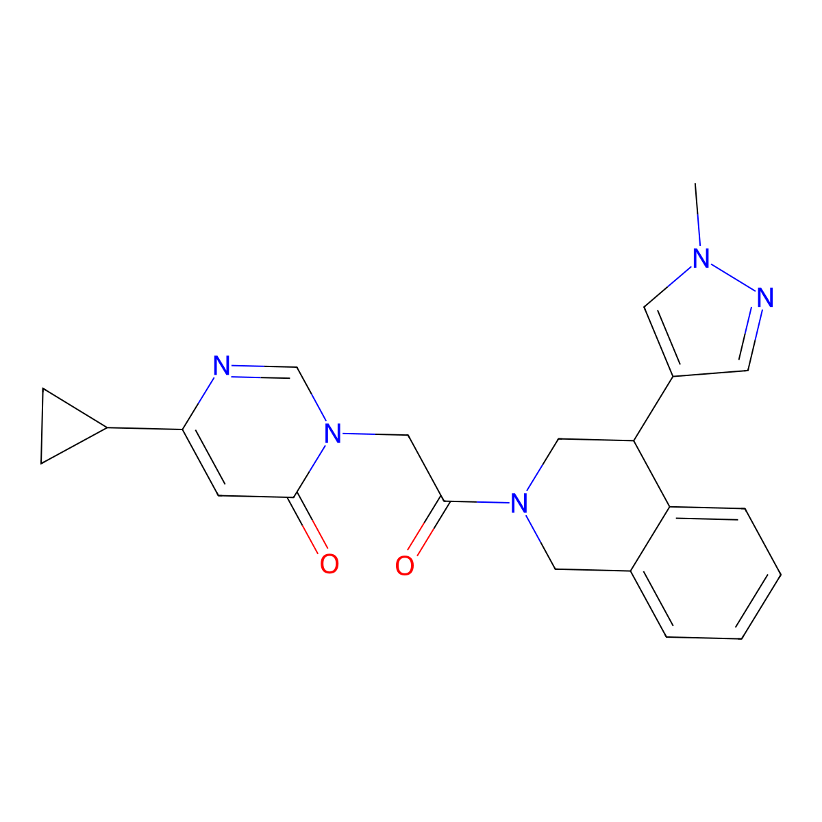 6-cyclopropyl-3-(2-(4-(1-methyl-1H-pyrazol-4-yl)-3,4-dihydroisoquinolin-2(1H)-yl)-2-oxoethyl)pyrimidin-4(3H)-one molecular structure, CAS 2034567-02-5