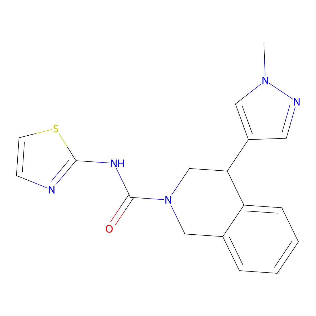 4-(1-methyl-1H-pyrazol-4-yl)-N-(thiazol-2-yl)-3,4-dihydroisoquinoline-2(1H)-carboxamide molecular structure, CAS 2034567-07-0