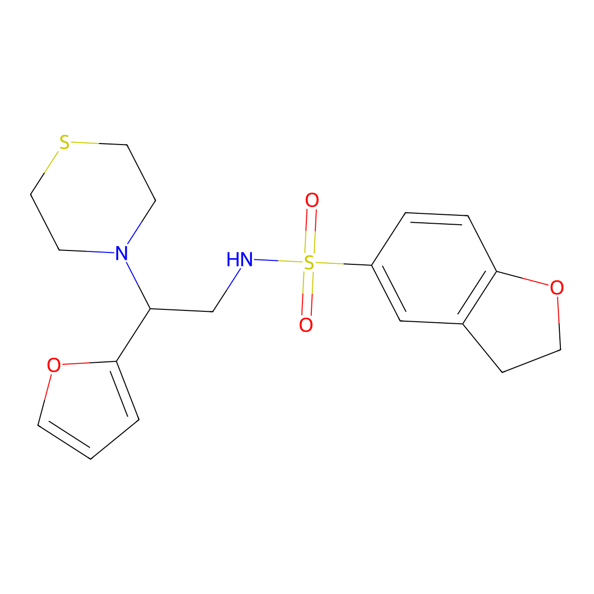 N-(2-(furan-2-yl)-2-thiomorpholinoethyl)-2,3-dihydrobenzofuran-5-sulfonamide molecular structure, CAS 2034567-09-2