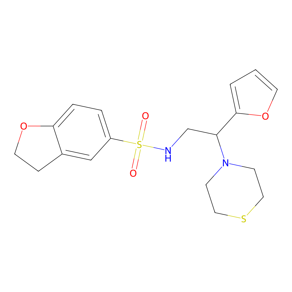 N-(2-(furan-2-yl)-2-thiomorpholinoethyl)-2,3-dihydrobenzofuran-5-sulfonamide molecular structure, CAS 2034567-09-2