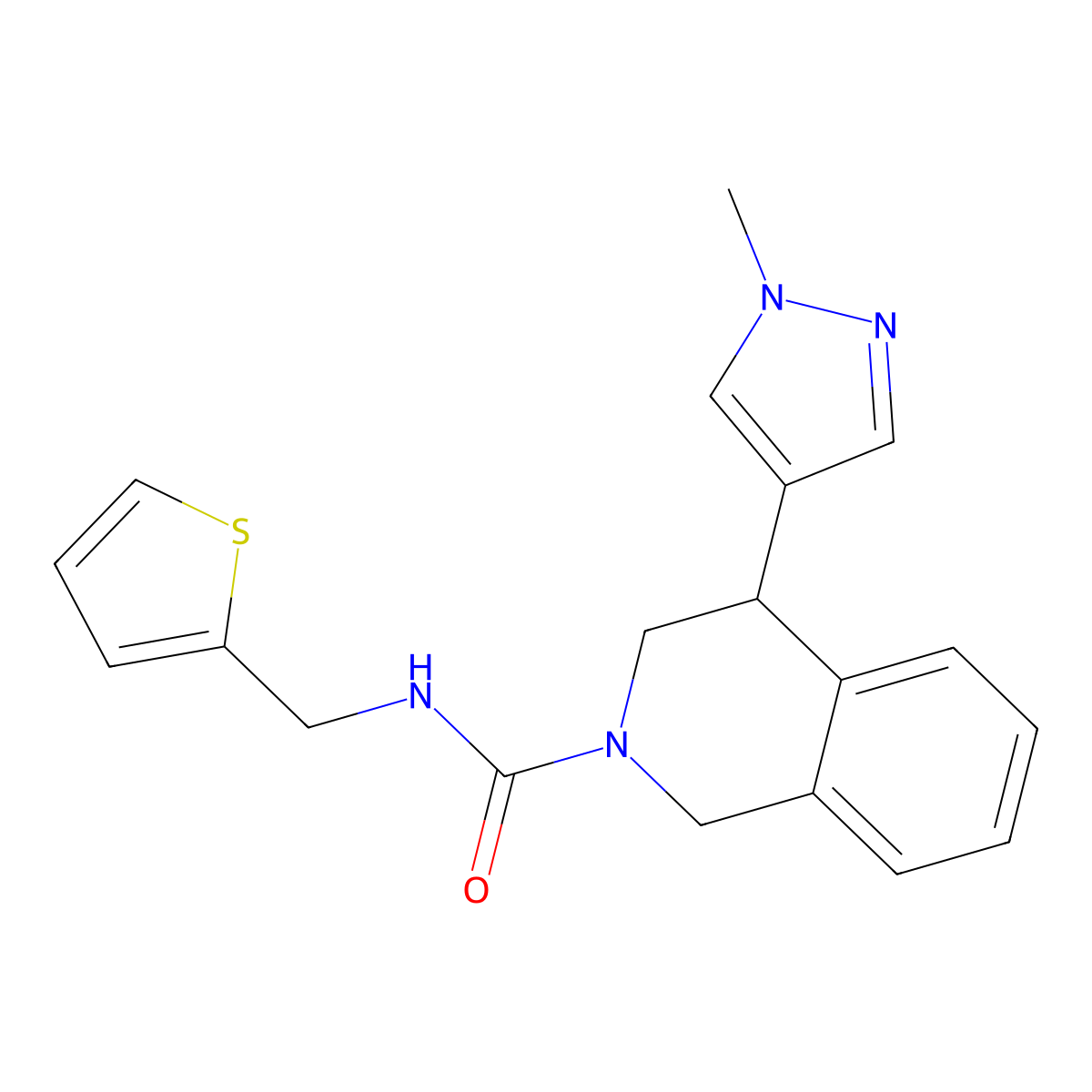 4-(1-methyl-1H-pyrazol-4-yl)-N-(thiophen-2-ylmethyl)-3,4-dihydroisoquinoline-2(1H)-carboxamide molecular structure, CAS 2034567-15-0