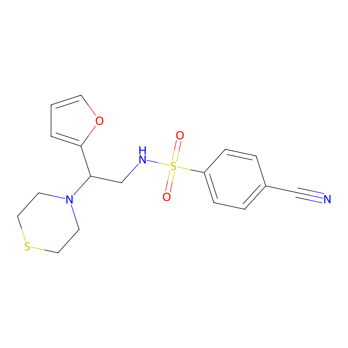 4-cyano-N-(2-(furan-2-yl)-2-thiomorpholinoethyl)benzenesulfonamide molecular structure, CAS 2034567-17-2