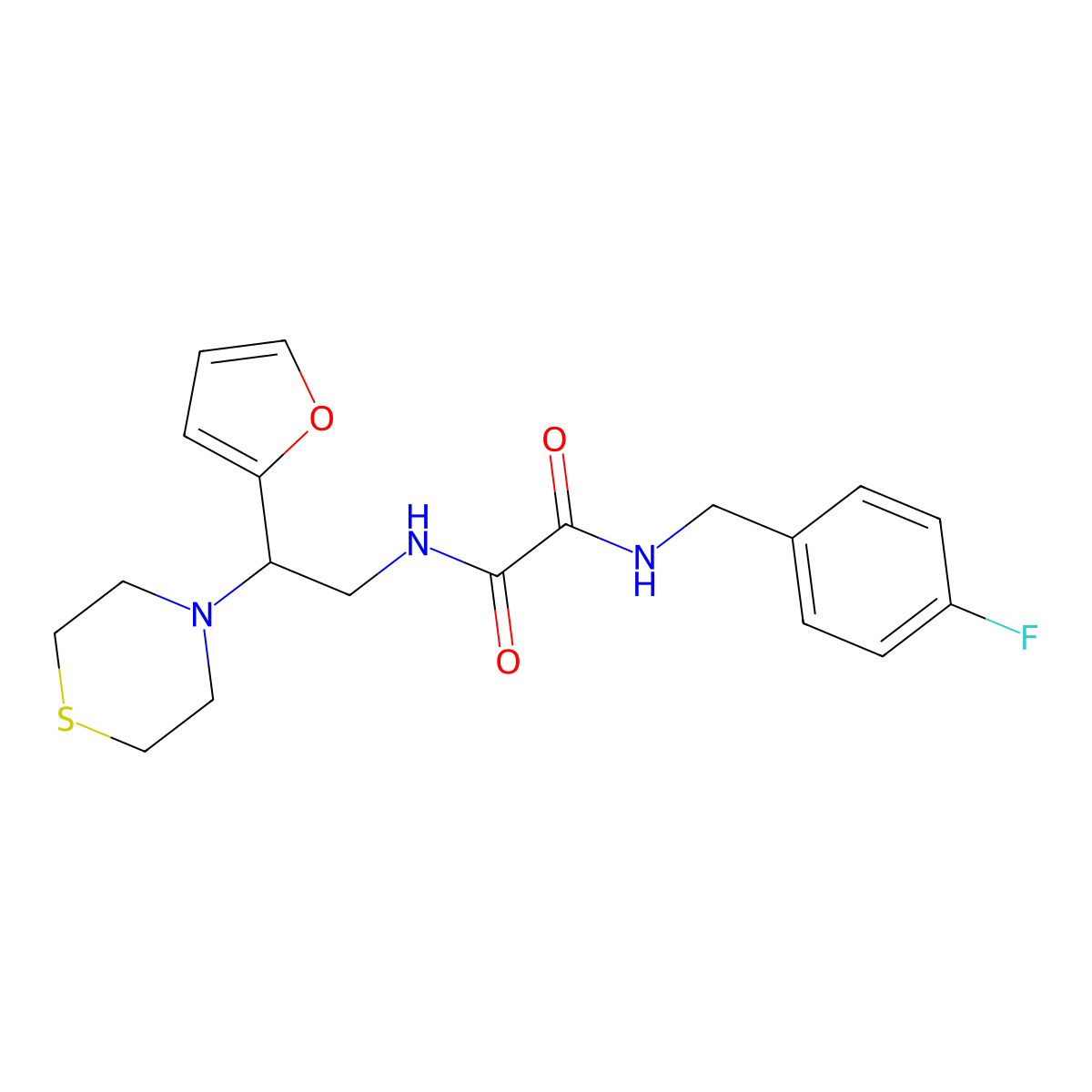 N1-(4-fluorobenzyl)-N2-(2-(furan-2-yl)-2-thiomorpholinoethyl)oxalamide molecular structure, CAS 2034567-23-0