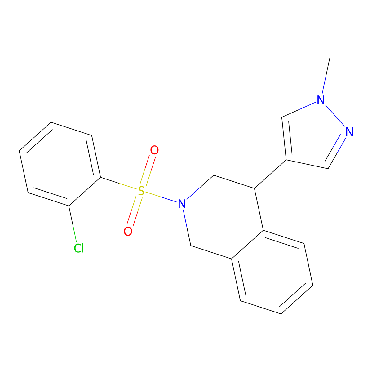 2-((2-chlorophenyl)sulfonyl)-4-(1-methyl-1H-pyrazol-4-yl)-1,2,3,4-tetrahydroisoquinoline molecular structure, CAS 2034567-25-2