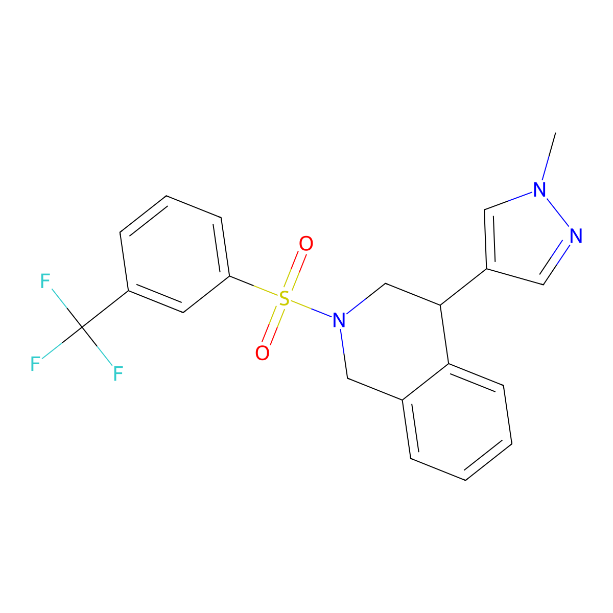 4-(1-methyl-1H-pyrazol-4-yl)-2-((3-(trifluoromethyl)phenyl)sulfonyl)-1,2,3,4-tetrahydroisoquinoline molecular structure, CAS 2034567-35-4