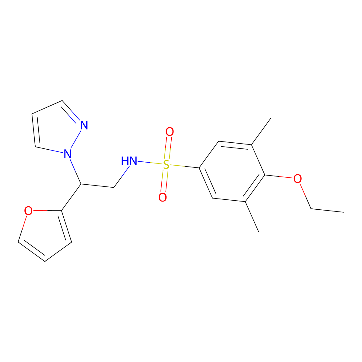 4-ethoxy-N-(2-(furan-2-yl)-2-(1H-pyrazol-1-yl)ethyl)-3,5-dimethylbenzenesulfonamide molecular structure, CAS 2034567-41-2