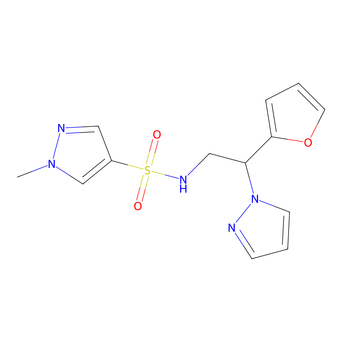 N-(2-(furan-2-yl)-2-(1H-pyrazol-1-yl)ethyl)-1-methyl-1H-pyrazole-4-sulfonamide molecular structure, CAS 2034567-50-3